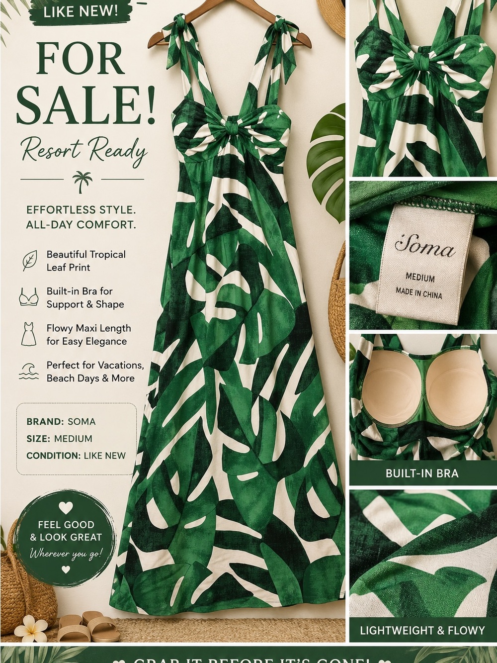 Soma Green and White Tropical Leaf Maxi Dress with Tie Straps / resort wear